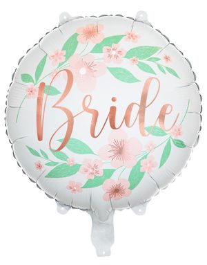 Bride - Rund Hvit Blomstrete Folieballong med Rosegullfarget Tekst 45 cm