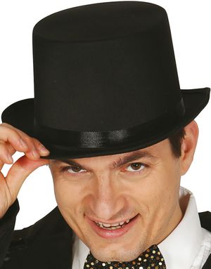 Sort Top Hat i Satin Pyntet med Bånd