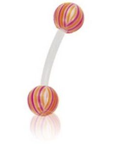 Banan Øjenbrynspiercing i Rosa med Stribede Orange, Hvide og Rosa Kugler - 1.2 x 8 mm
