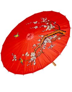 Rød Parasol med Fugle-, Gren- og Blomstermotiver 60x84 cm
