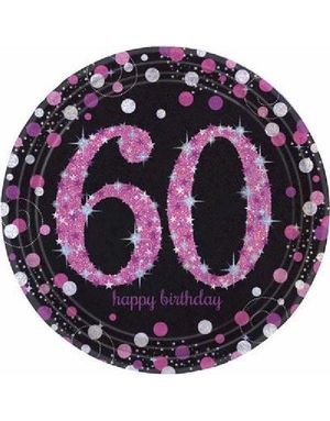 60-års Feiring - 8 stk Svart og Rosa Glitrende Tallerkener 23 cm 