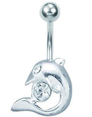 Navlepiercing med Delfin og Hvid Sten