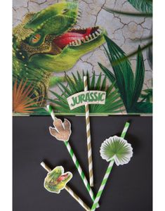 8 stk Stripete Papirsugerør med Pappmotiv - Jurassic Dino