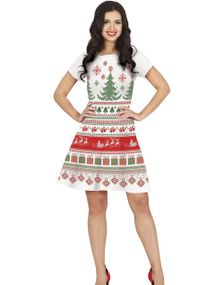 Hvit Kjole med Julemotiver i Heklet Stil til Dame