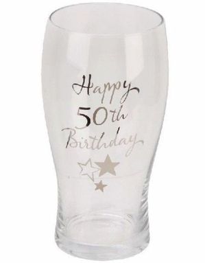 Happy 50th Birthday - Ølglass med Sølvfarget Tekst og Motiver i Gaveeske 23 cm