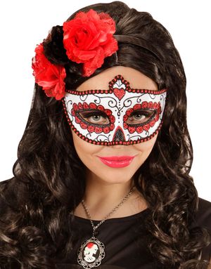 Rød Day of the Dead Øjenmaske med Glitter