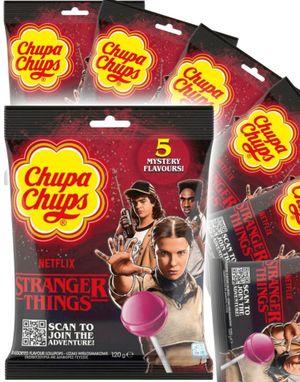 12 st Chupa Chups Stranger Things Lollipop 5 Mystery Flavours - Kärlekar Med 5 Olika Smaker - Hela Lådan 1,44 kg