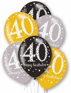 40 Happy Birthday - 6 stk Svarte, Sølv- og Gullfarget Ballonger 27 cm