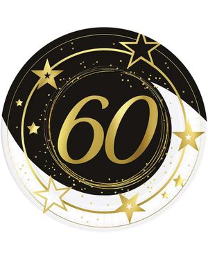 6 stk Svarte og Hvite Papptallerkener 33 cm - 60 ÅR