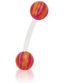 Banan Øjenbrynspiercing i Hvid med Stribede Orange og Rosa Kugler - 1.2 x 8 mm