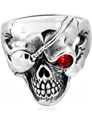 Pirate Skull - Sølvfarvet Stålring med Rød CZ Sten