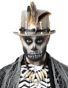 Mønstret Voodoo Floss Hat med skeletknogler, kranie, bånd og fjer