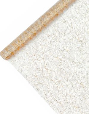 Hvid Organzaløber med Guldfarvet Blad-Design 48 cm x 9 meter
