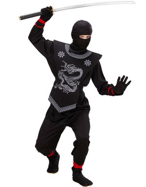 Sort Ninjakostume til Barn med Dragemotiv
