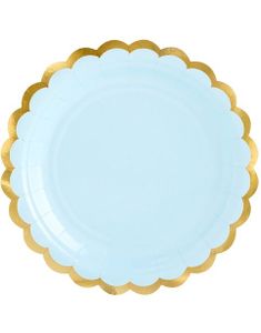 6 stk. Hvite Små Lyseblå Papptallerkener med Gullkant 18 cm