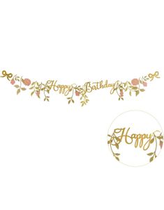 Gullfarget Happy Birthday Banner med Blomster 1.3 Meter