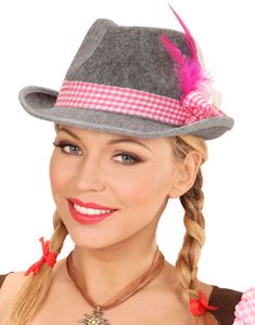 Grå Oktoberfesthat med Rosa Ternet Bånd og Fjer
