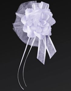 4 stk. Hvide Blomster med Tyl og Satinbånd 14 cm