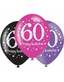 60-Års Dagen - 6 stk Svart, Rosa og Lilla Ballonger 27,5 cm