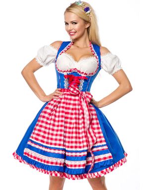 Deluxe Royal Blå Dirndl-Oktoberfestkjole med Røde Tern