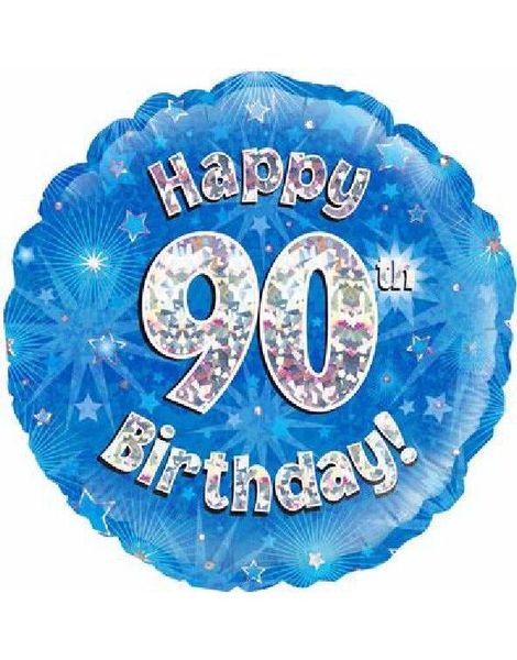 Happy 90th Birthday - Blå Holografisk Folieballong 45 cm