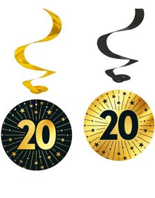 4 stk 20-Års Bursdag Hengende Swirls - Svart og Gull