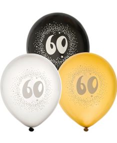 60 år - 6 stk Sorte, Sølv- og Guldfarvet Balloner 30 cm