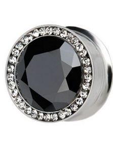 Piercing Plug med Sort Diamant Indrammet med Hvide Sten