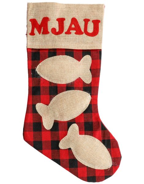 "Mjau" - Julestrømpe til Katt - Rød/Svart med Fisker