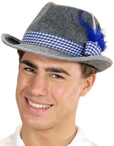 Grå Oktoberfesthat med Blåt Ternet Bånd og Fjer
