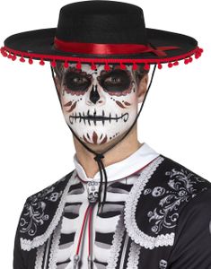 Sort Day of the Dead Hat med Rødt Bånd og Kvaste