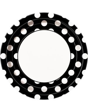 8 stk Sorte Paptallerkner med Hvide Polka Dots 22 cm