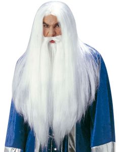 Troldmand - Hvid Lang Paryk og Skæg