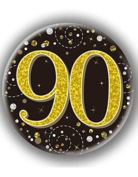 90-års Fejring Sort og Guld Holografisk Stor Button/Badge