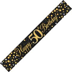Happy 50th Birthday - 2,7 Meter Svart og Gullfarget Holografisk Banner