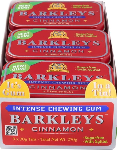 9 Stk Barkleys Sugarfree Cinnamon Intense Chewing Gum - Hel Æske 270 Gram