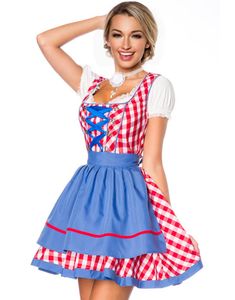 Traditionelt Rødt og Hvidt Ternet Dirndl Oktoberfestkostume med Blå Dele
