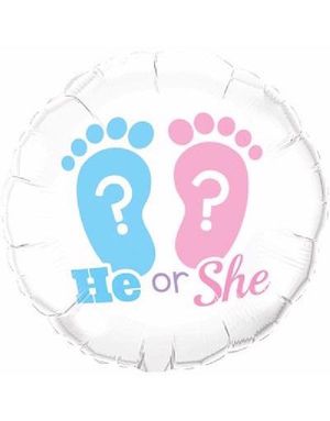 He or She - Rund Hvit Folieballong med Føtter ca 46 cm - Gender Reveal