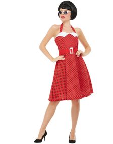 Rød 50'er Pin Up Kostume med Sorte Prikker