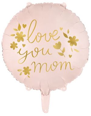 Love You Mom - Rund Askerosa Folieballong med Gullskrift 35 cm
