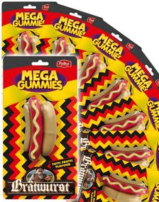 1809820800_69 stk Mega Gummies German Bratwurst - Vingummi Pølse med Tutti Fruttismag - Hel Æske 1,08 kg