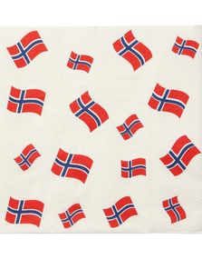 16 stk Hvite Servietter med Norske Flagg 33x33 cm