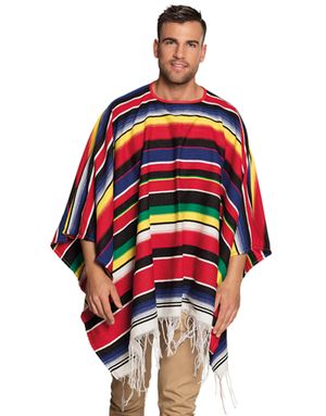 Farverig Mexicaner Poncho med Frynser