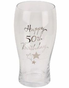 Happy 50th Birthday - Ølglass med Sølvfarget Tekst og Motiver i Gaveeske 23 cm