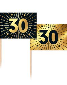 50 Stk 30 år Mat/Kakeflagg 6,5 cm - Svart og Gull