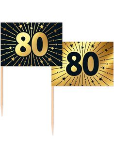 50 Stk 80 år Mat/Kakeflagg 6,5 cm - Svart og Gull