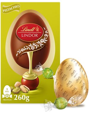 Lindt Lindor Melkesjokolade Egg - Stort Sjokoladeegg og Pistasj Trøffelsjokolader 260 gram