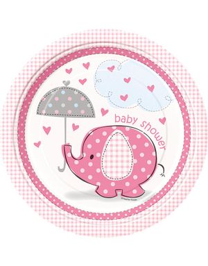 8 stk Paptallerkner 22 cm - Babyshower Pink Elephant