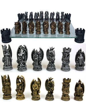 Skakbræt med Riddere- og Dragefigurer 43 cm