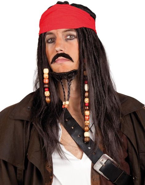 Piratsæt med Paryk, Bandana, Overskæg og Skæg